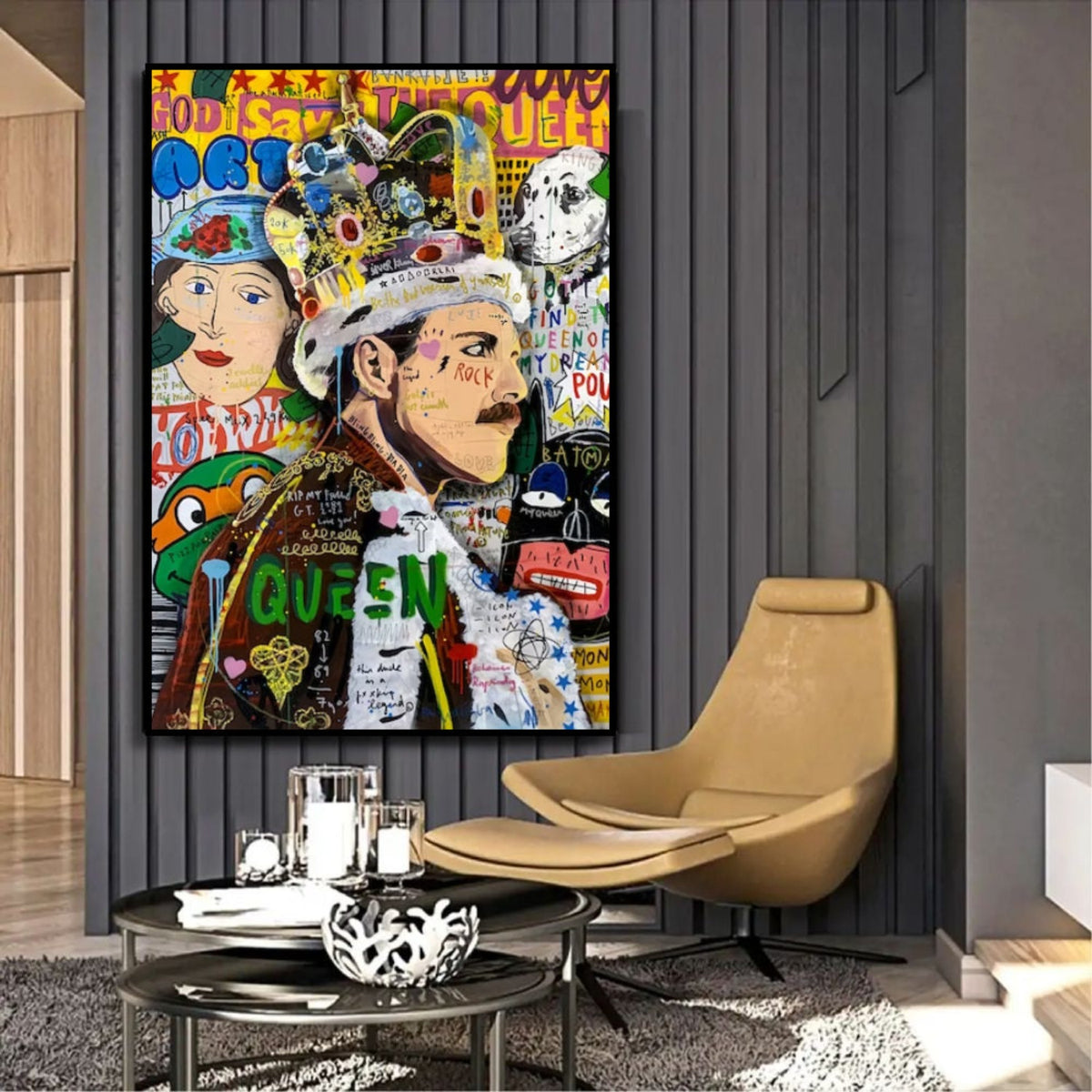 Room mockup showing colourful Freddie Mercury pop art portrait wearing a crown, surrounded by graffiti, lettering and a second crowned face.