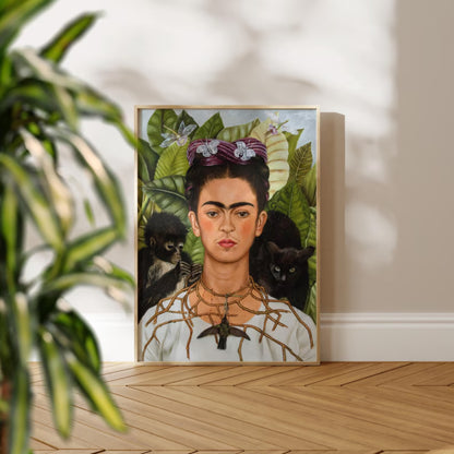 Frida Kahlo with Monkey and Black Cat Botanical Symbolist Portrait Canvas Art