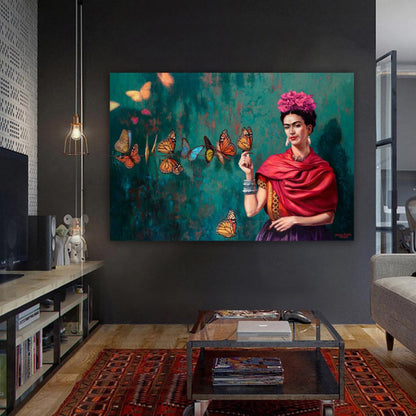 Frida Kahlo Butterfly Canvas Symbolic Feminist Wall Art with Monarchs