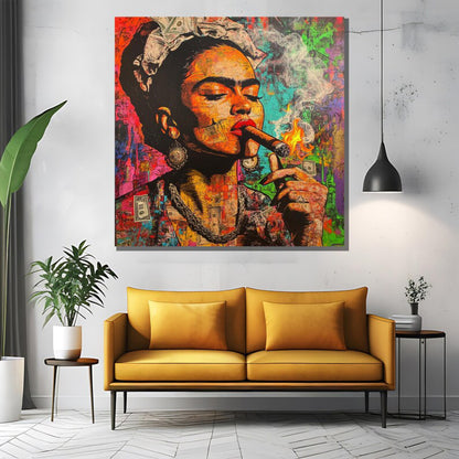 Bold Frida Kahlo Cigar Pop Art Colorful Graffiti-Style Canvas Wall Art