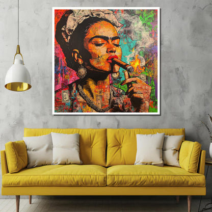 Bold Frida Kahlo Cigar Pop Art Colorful Graffiti-Style Canvas Wall Art
