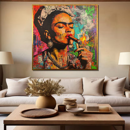 Bold Frida Kahlo Cigar Pop Art Colorful Graffiti-Style Canvas Wall Art