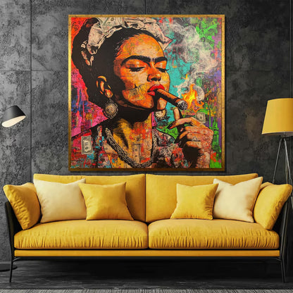 Bold Frida Kahlo Cigar Pop Art Colorful Graffiti-Style Canvas Wall Art