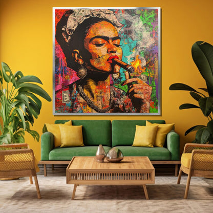 Bold Frida Kahlo Cigar Pop Art Colorful Graffiti-Style Canvas Wall Art
