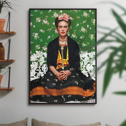 A vividly colored painting of Frida Kahlo seated, with a lush green floral background, wearing traditional Mexican clothing and adorned with a headdress.
