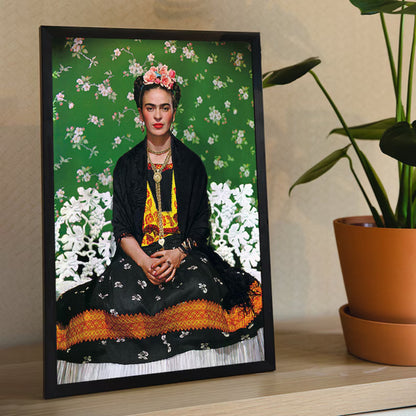 Frida Kahlo Floral Portrait – Hand-Painted Iconic Mexican Canvas with Green Background