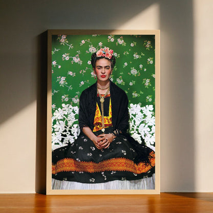 Frida Kahlo Floral Portrait – Hand-Painted Iconic Mexican Canvas with Green Background