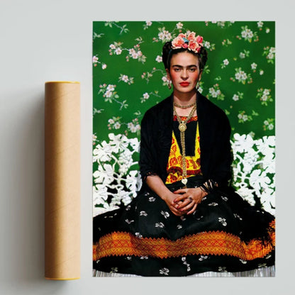 Frida Kahlo Floral Portrait – Hand-Painted Iconic Mexican Canvas with Green Background