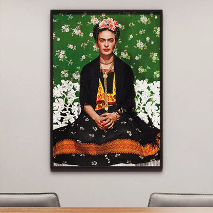 Frida Kahlo Floral Portrait – Hand-Painted Iconic Mexican Canvas with Green Background