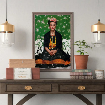 Frida Kahlo Floral Portrait – Hand-Painted Iconic Mexican Canvas with Green Background