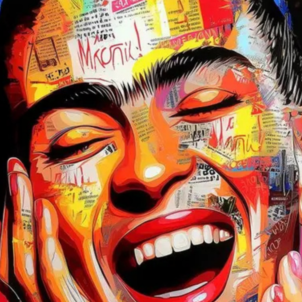Close-up of a laughing Frida Kahlo-inspired face in bright red, orange, yellow and pink collage-style marks.