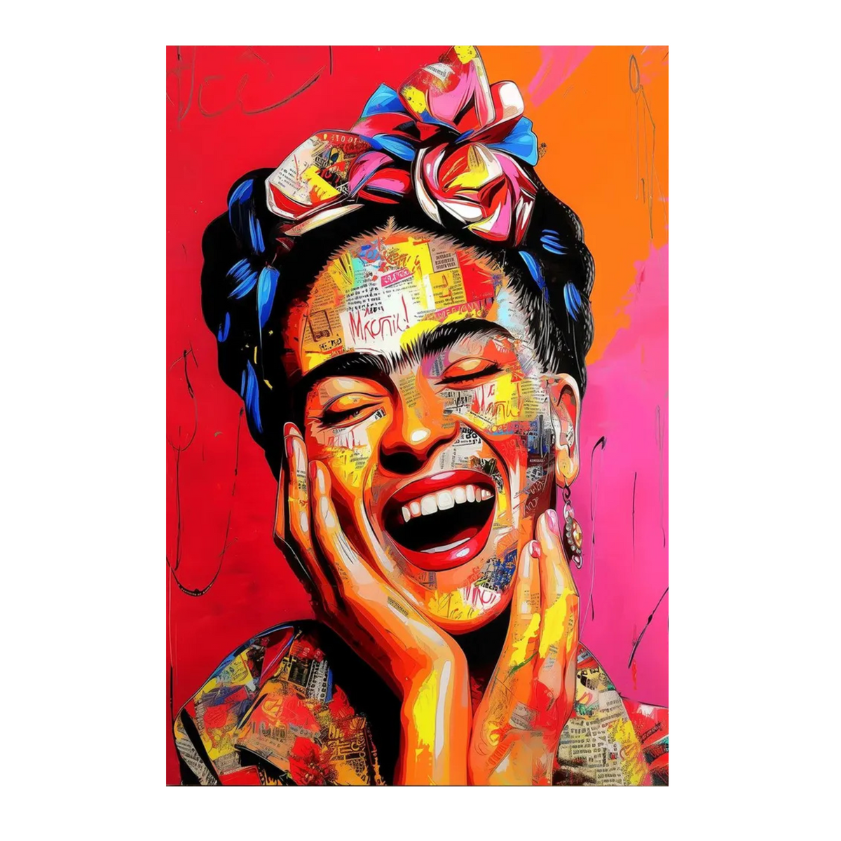 Hand-painted canvas showing a laughing Frida Kahlo-inspired figure in red, orange, pink, yellow and blue.