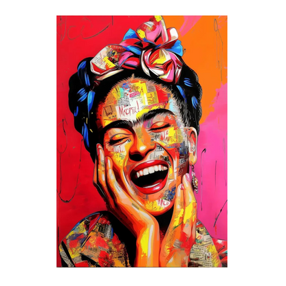Hand-painted canvas showing a laughing Frida Kahlo-inspired figure in red, orange, pink, yellow and blue.