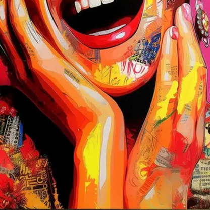 Detail of painted hands, red lips and bright yellow, orange and pink collage-style marks.