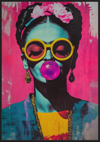 Angled display view of a Frida Kahlo-inspired pop art portrait with yellow sunglasses and a pink bubblegum bubble.