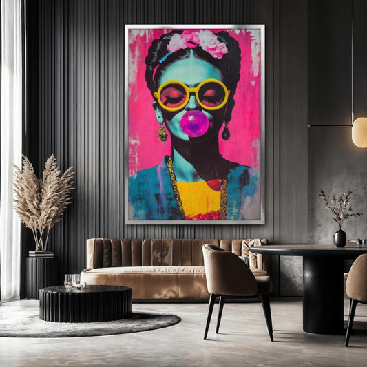 Interior preview of a Frida Kahlo-inspired portrait with yellow sunglasses, a pink bubblegum bubble and cyan-blue skin.