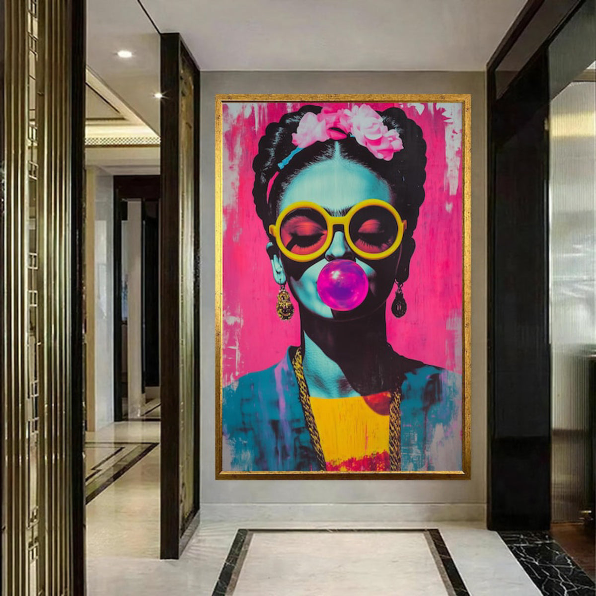 Interior preview of a Frida Kahlo-inspired portrait with yellow sunglasses, a pink bubblegum bubble and cyan-blue skin.