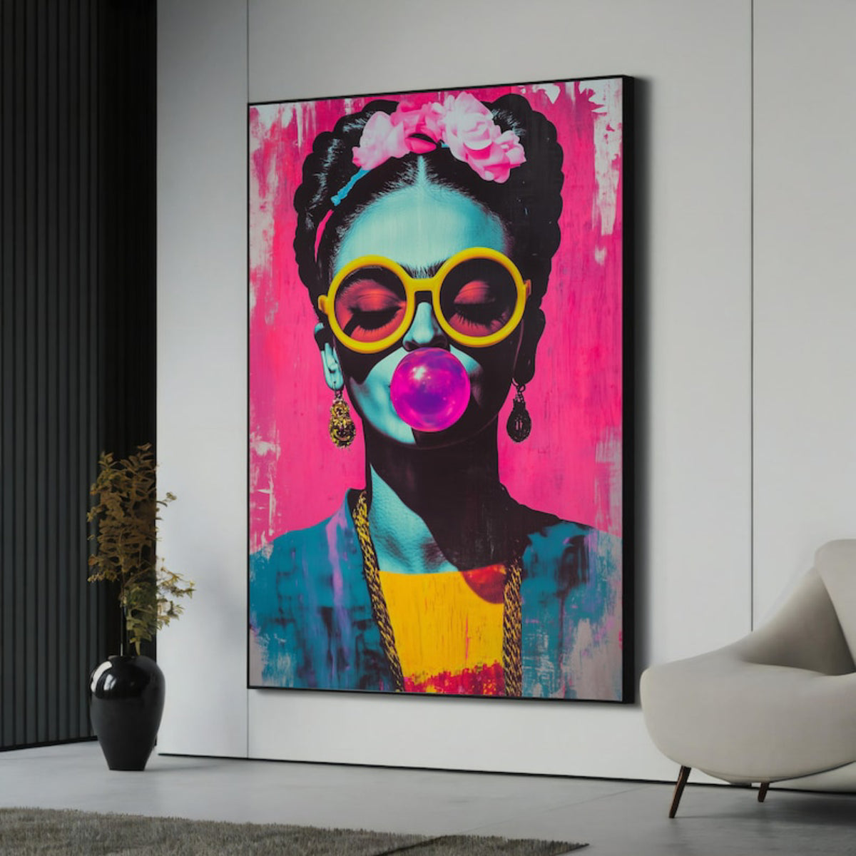 Interior preview of a Frida Kahlo-inspired portrait with yellow sunglasses, a pink bubblegum bubble and cyan-blue skin.