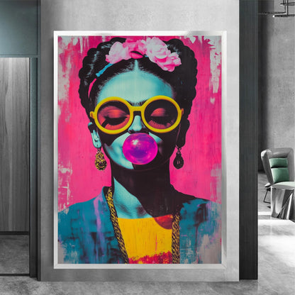 Frida Kahlo Pop Art Canvas Neon Bubblegum Portrait with Yellow Sunglasses