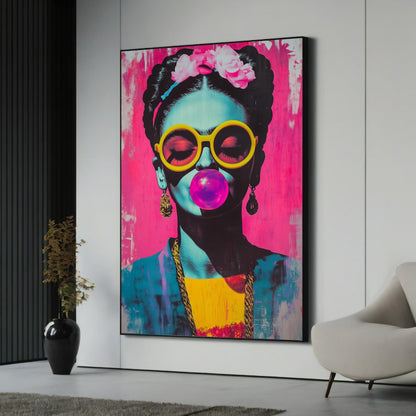 Frida Kahlo Pop Art Canvas Neon Bubblegum Portrait with Yellow Sunglasses