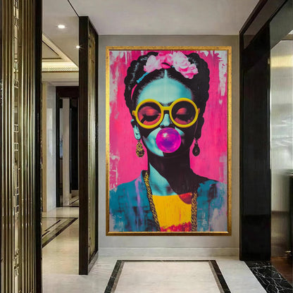Frida Kahlo Pop Art Canvas Neon Bubblegum Portrait with Yellow Sunglasses