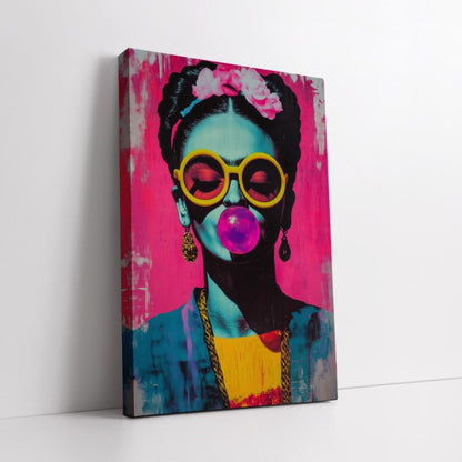 Frida Kahlo Neon Pop Art – Hand-Painted Bubblegum Portrait with Yellow Sunglasses