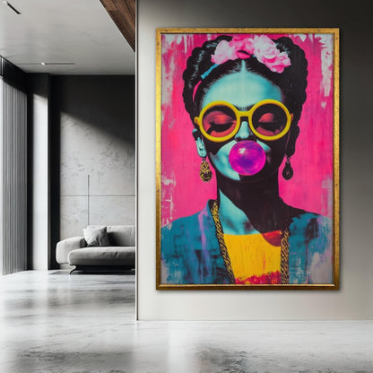 Frida Kahlo Neon Pop Art – Hand-Painted Bubblegum Portrait with Yellow Sunglasses