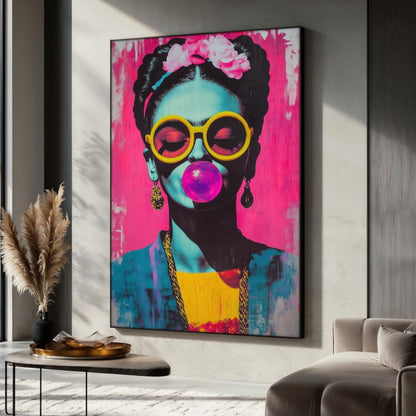 Frida Kahlo Neon Pop Art – Hand-Painted Bubblegum Portrait with Yellow Sunglasses