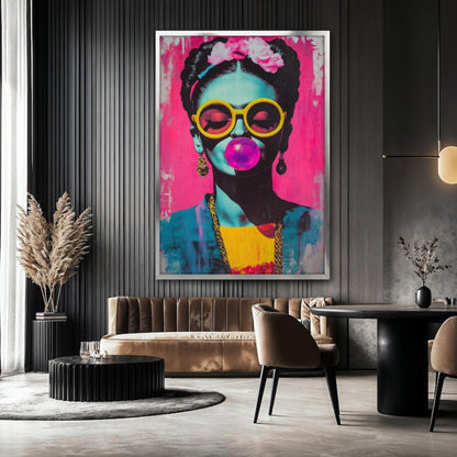 Frida Kahlo Neon Pop Art – Hand-Painted Bubblegum Portrait with Yellow Sunglasses