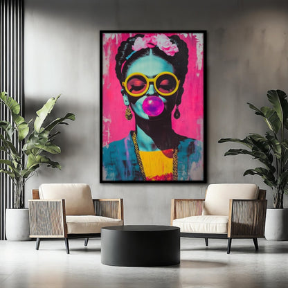 Frida Kahlo Neon Pop Art – Hand-Painted Bubblegum Portrait with Yellow Sunglasses