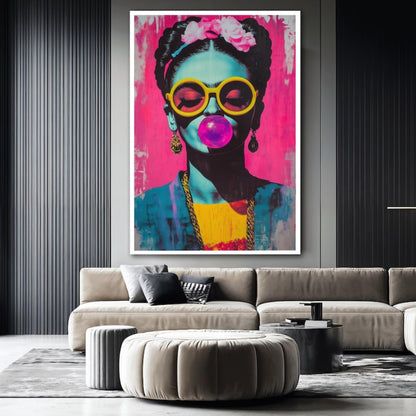 Frida Kahlo Neon Pop Art – Hand-Painted Bubblegum Portrait with Yellow Sunglasses