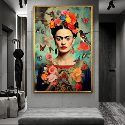 Frida Kahlo Floral Portrait with Butterflies Colorful Boho Wall Art
