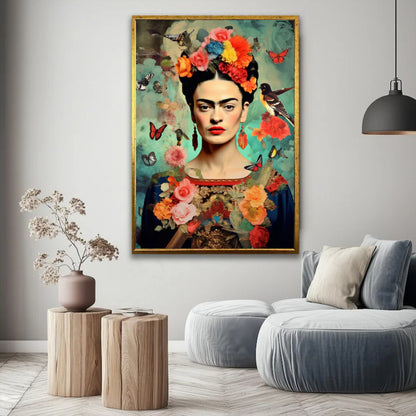 Frida Kahlo Floral Portrait with Butterflies Colorful Boho Wall Art