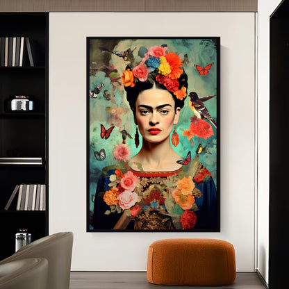 Frida Kahlo Floral Portrait with Butterflies Colorful Boho Wall Art