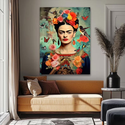 Frida Kahlo Floral Portrait with Butterflies Colorful Boho Wall Art