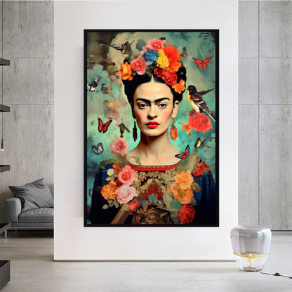 Frida Kahlo Floral Portrait with Butterflies Colorful Boho Wall Art