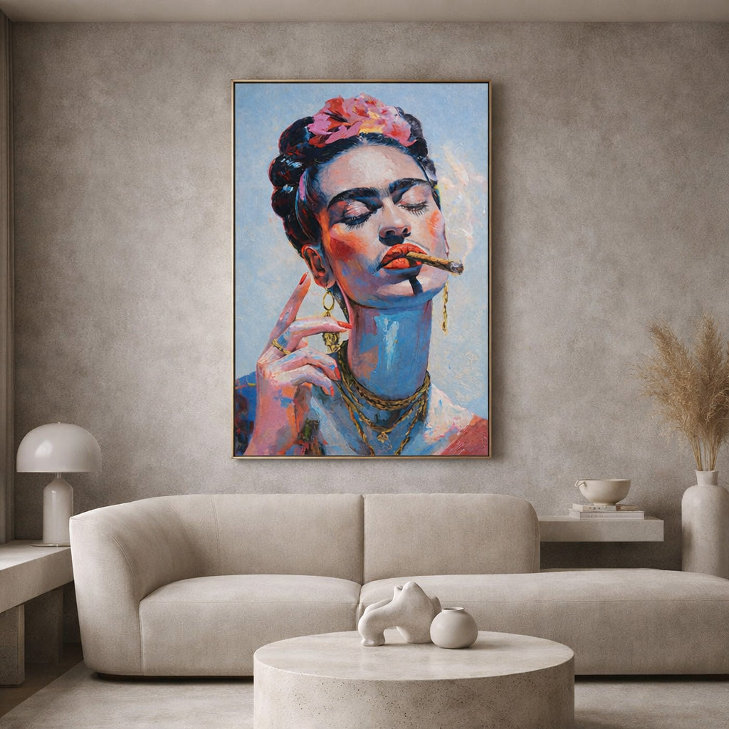 Colourful painting of Frida Kahlo with a flower in her hair in a modern living room.