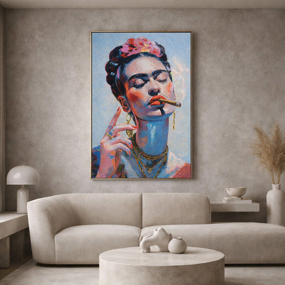Colourful painting of Frida Kahlo with a flower in her hair in a modern living room.