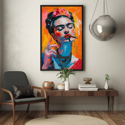 Frida Kahlo Smoking Portrait Bold Neon Pop Art Canvas