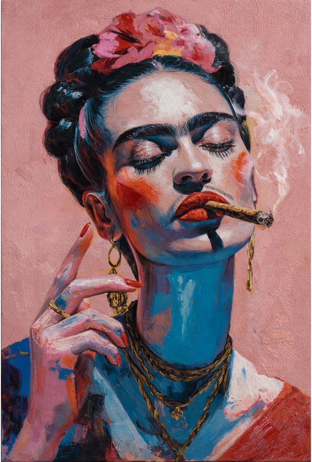 Artistic depiction of Frida Kahlo with a flower in her hair, smoking a cigarette, on a pink background.