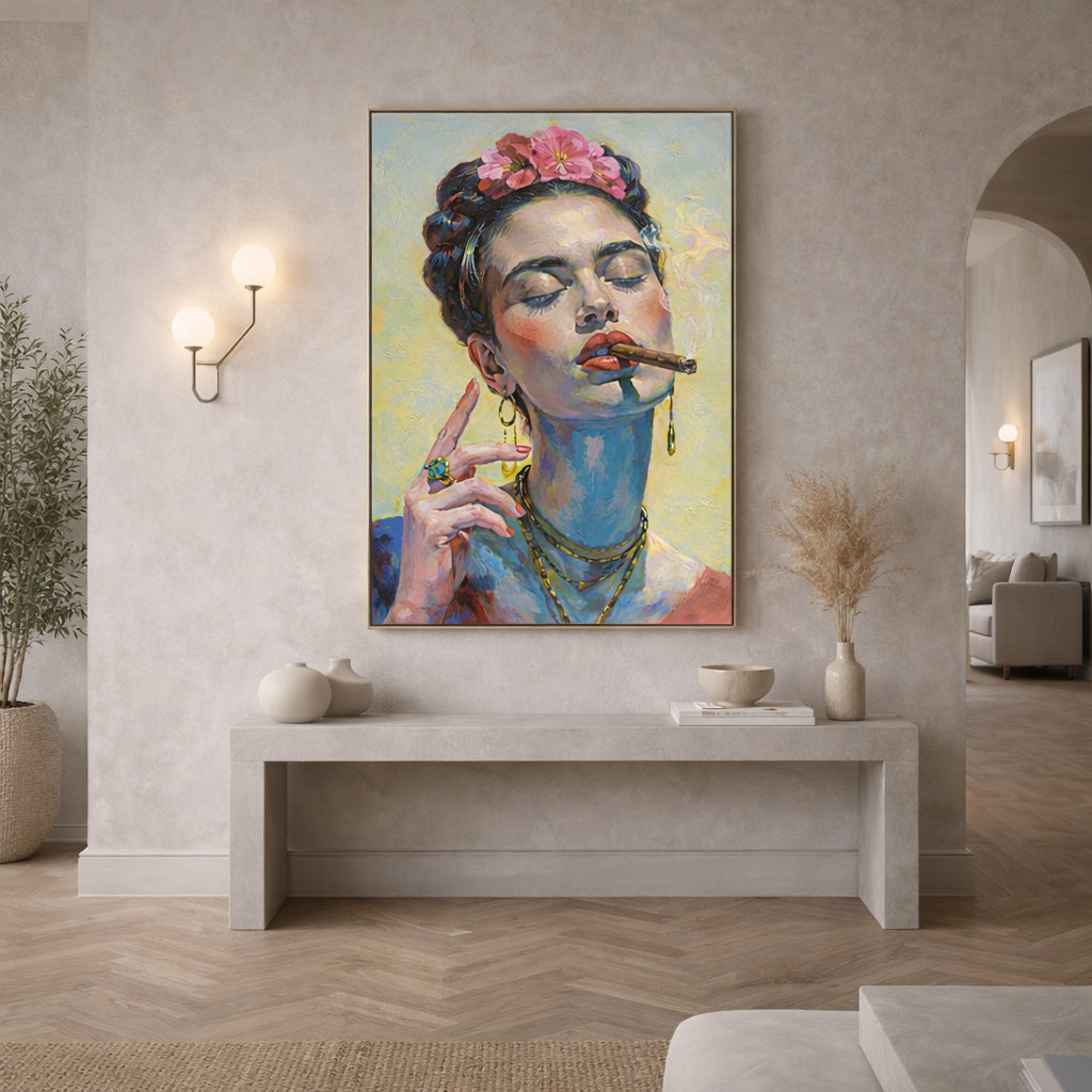 Modern living room with a large painting of Frida Kahlo smoking a cigar on the wall.