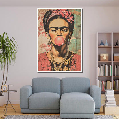 Vintage Frida Kahlo Bubblegum Portrait Retro Pop Wall Art on Canvas
