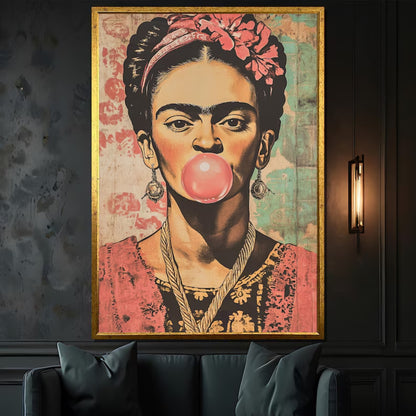 Vintage Frida Kahlo Bubblegum Portrait Retro Pop Wall Art on Canvas
