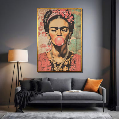 Vintage Frida Kahlo Bubblegum Portrait Retro Pop Wall Art on Canvas
