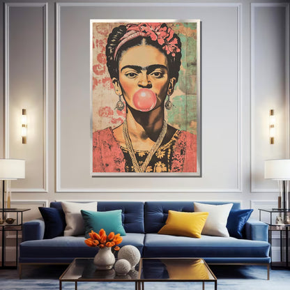 Vintage Frida Kahlo Bubblegum Portrait Retro Pop Wall Art on Canvas