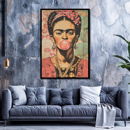 Vintage Frida Kahlo Bubblegum Portrait Retro Pop Wall Art on Canvas
