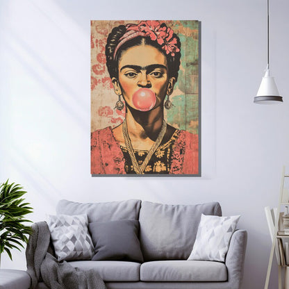 Vintage Frida Kahlo Bubblegum Portrait Retro Pop Wall Art on Canvas