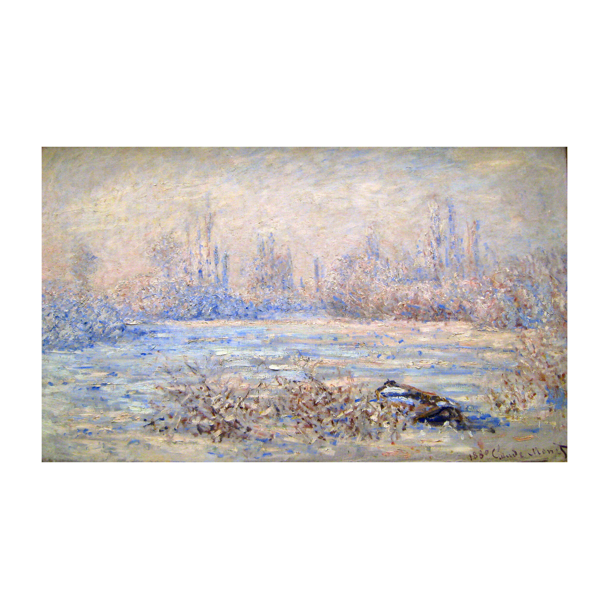 Hand-painted canvas featuring a pale winter riverside with frosted banks and distant trees.