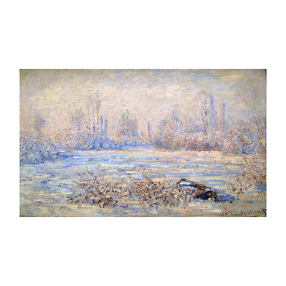 Hand-painted canvas featuring a pale winter riverside with frosted banks and distant trees.