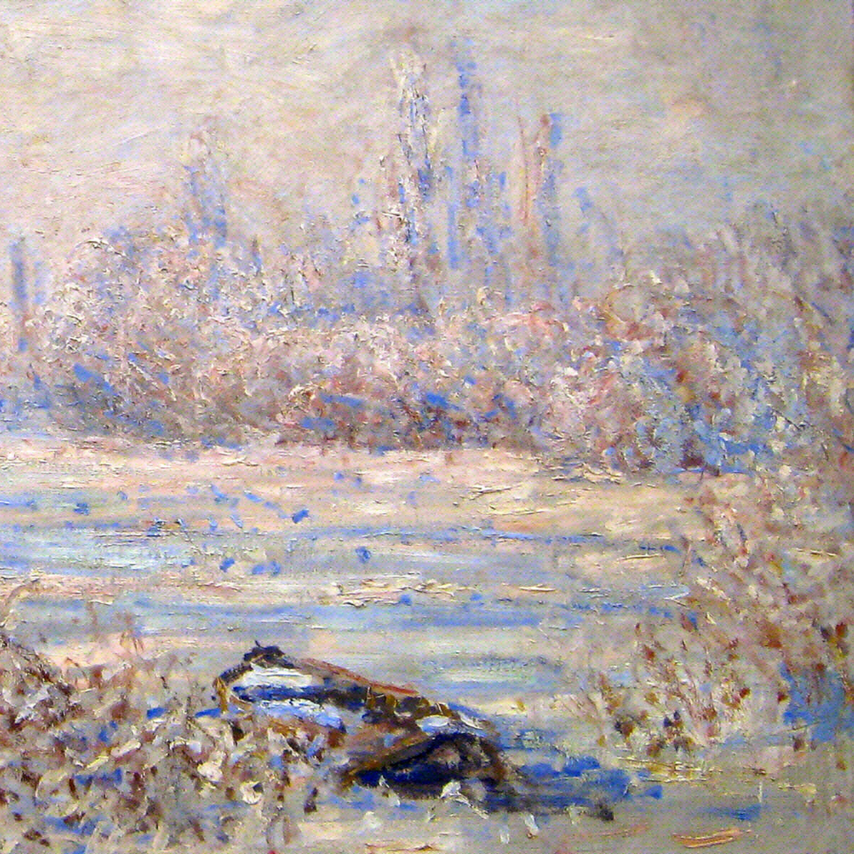 Hand-painted canvas featuring a pale winter riverside with frosted banks and distant trees.